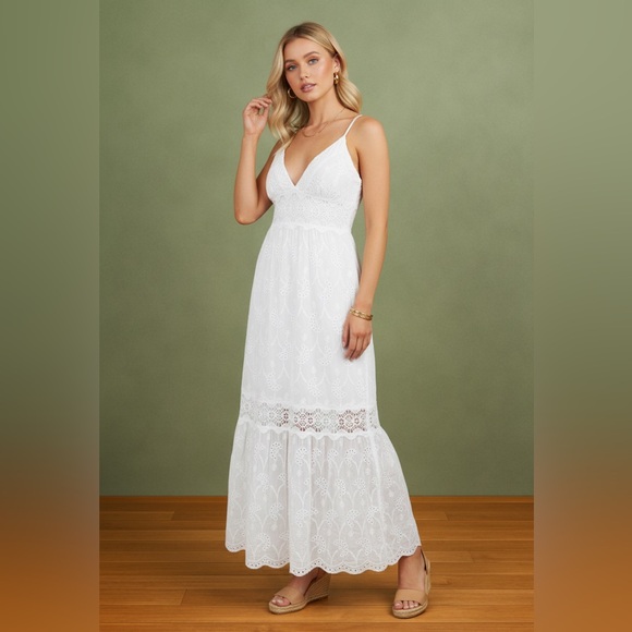 Mandalay and Co. Dresses & Skirts - White Spaghetti Strap Maxi Eyelet Dress